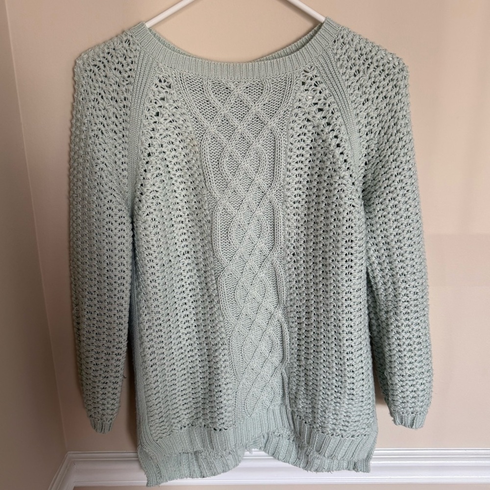 Light Blue Chunky Knit ZaraKnit Size Medium Reversible Button Up Sweater Heavy